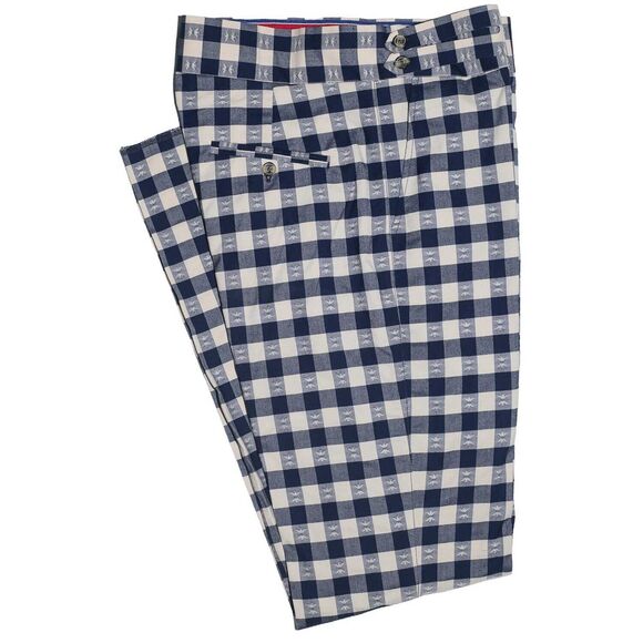 Mens Gurkha Pants Blue Beige Check Plaid Slim Straight High Waist